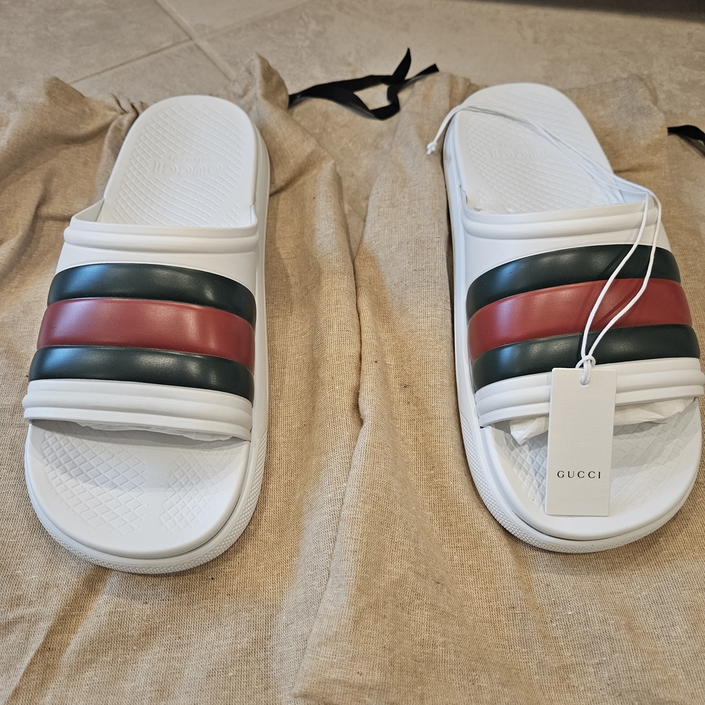 Gucci White Slides with Red and Dark Green Bands